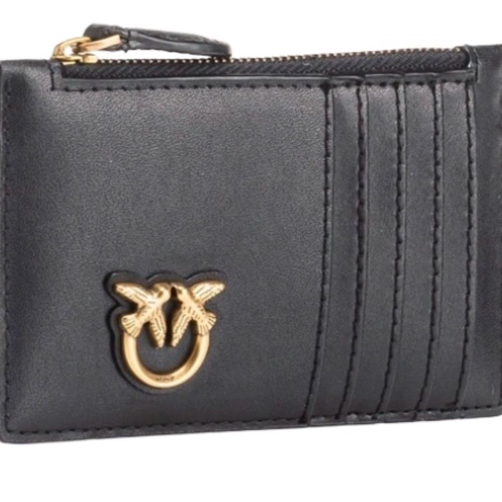 Pinko AIRONE Black Card Holder with Gold Detail & RED LIPS like new. With Box